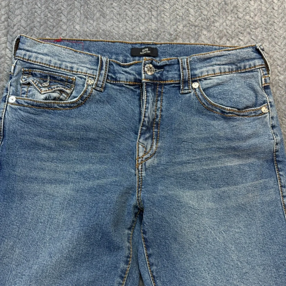 True‎ Religion Geno Relaxed Slim Jeans Size 34x29 Blue Big T Flap Denim